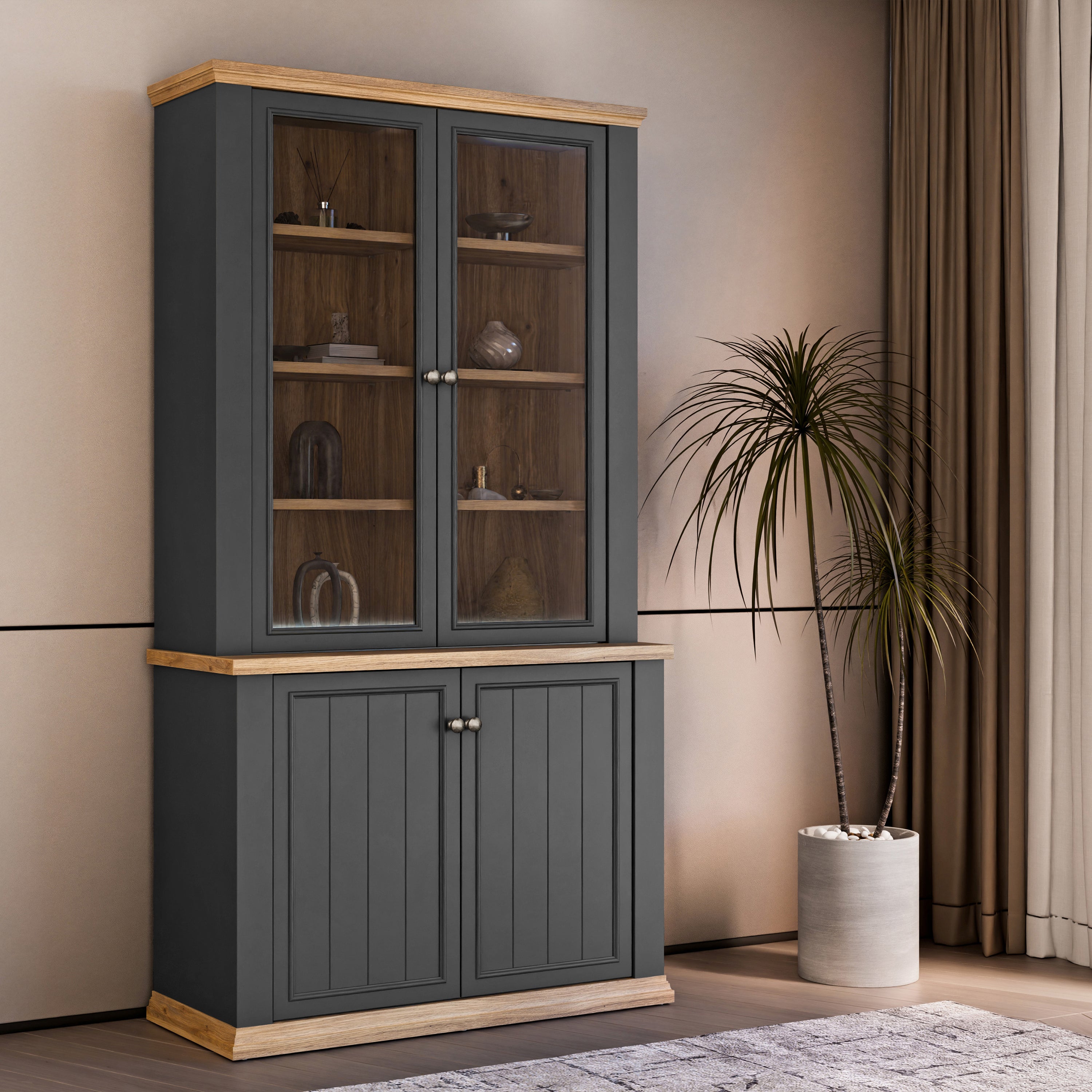 Pontypool 4 Door Display Cabinet in Grey and Mauvella Oak
