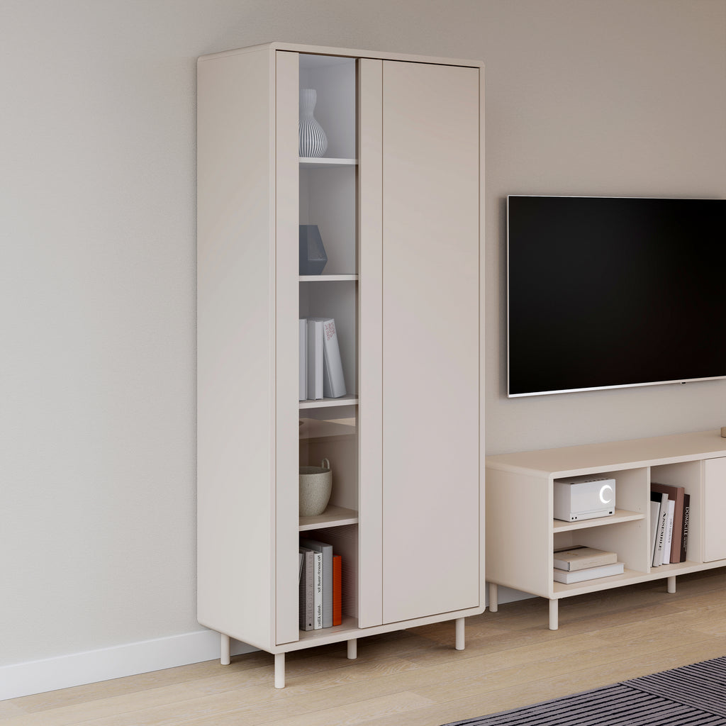 Playly Tall Storage Cabinet with Door and Concealed Open Shelving in Sand