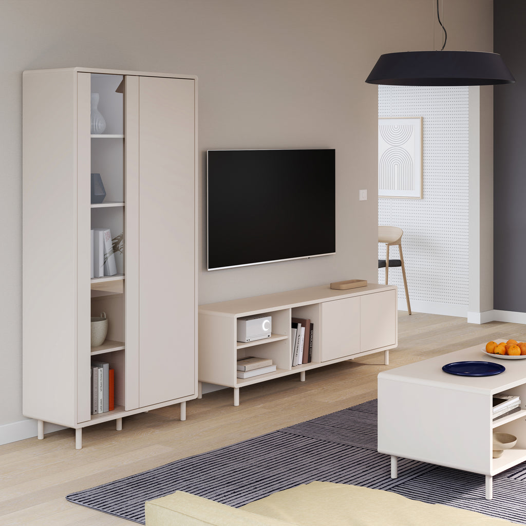 Playly Tall Storage Cabinet with Door and Concealed Open Shelving in Sand