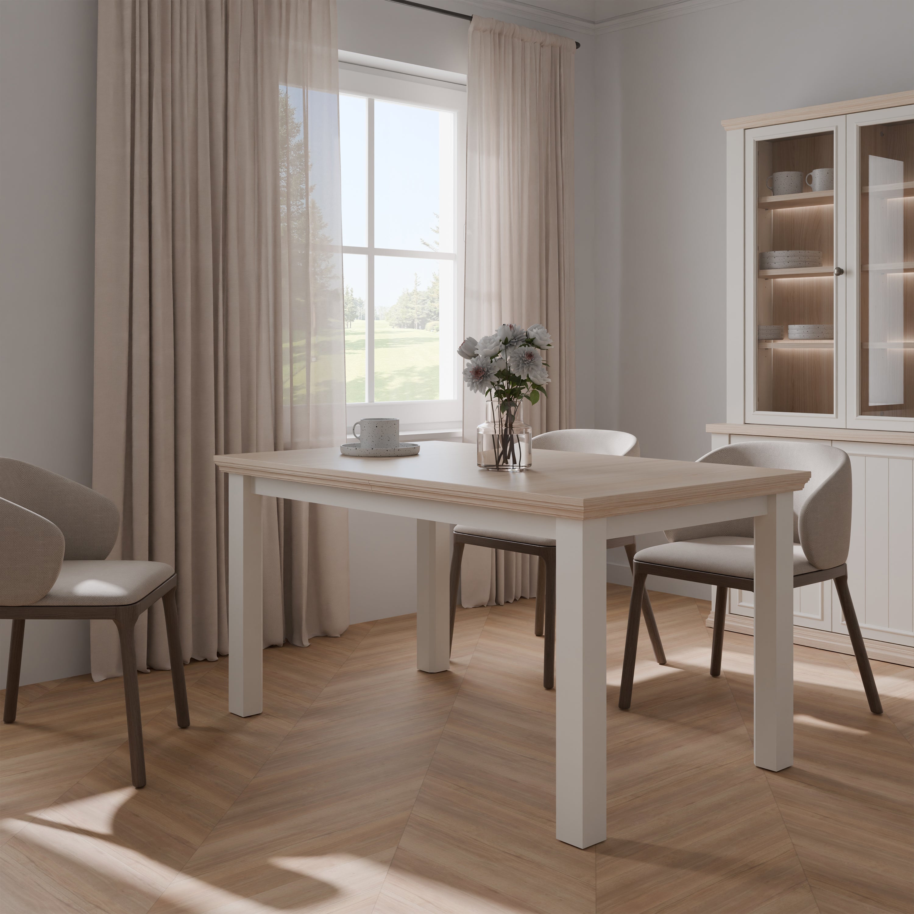 Pontypool Rectangular Dining Table 150x90cm in White and Riva Oak