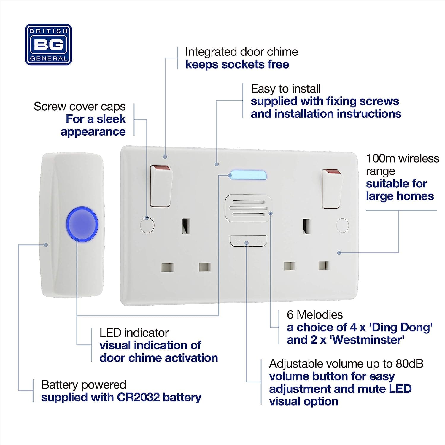 British General Nexus Double Switched 13A Power Socket with Door Chime - White