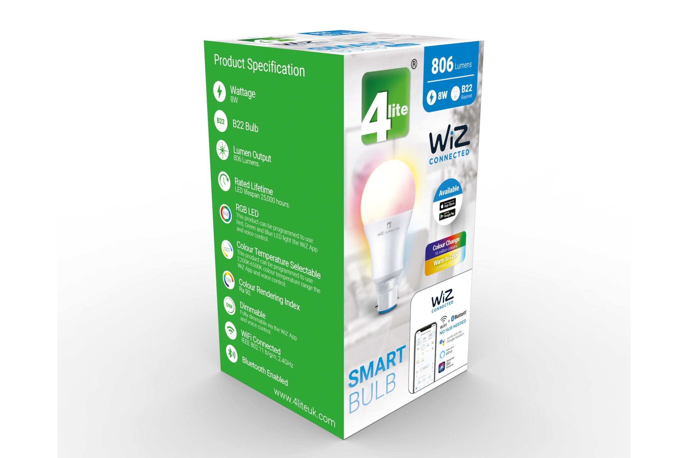 4lite WiZ Connected A60 Dimmable Multicolour WiFi LED Smart Bulb - B22 Bayonet