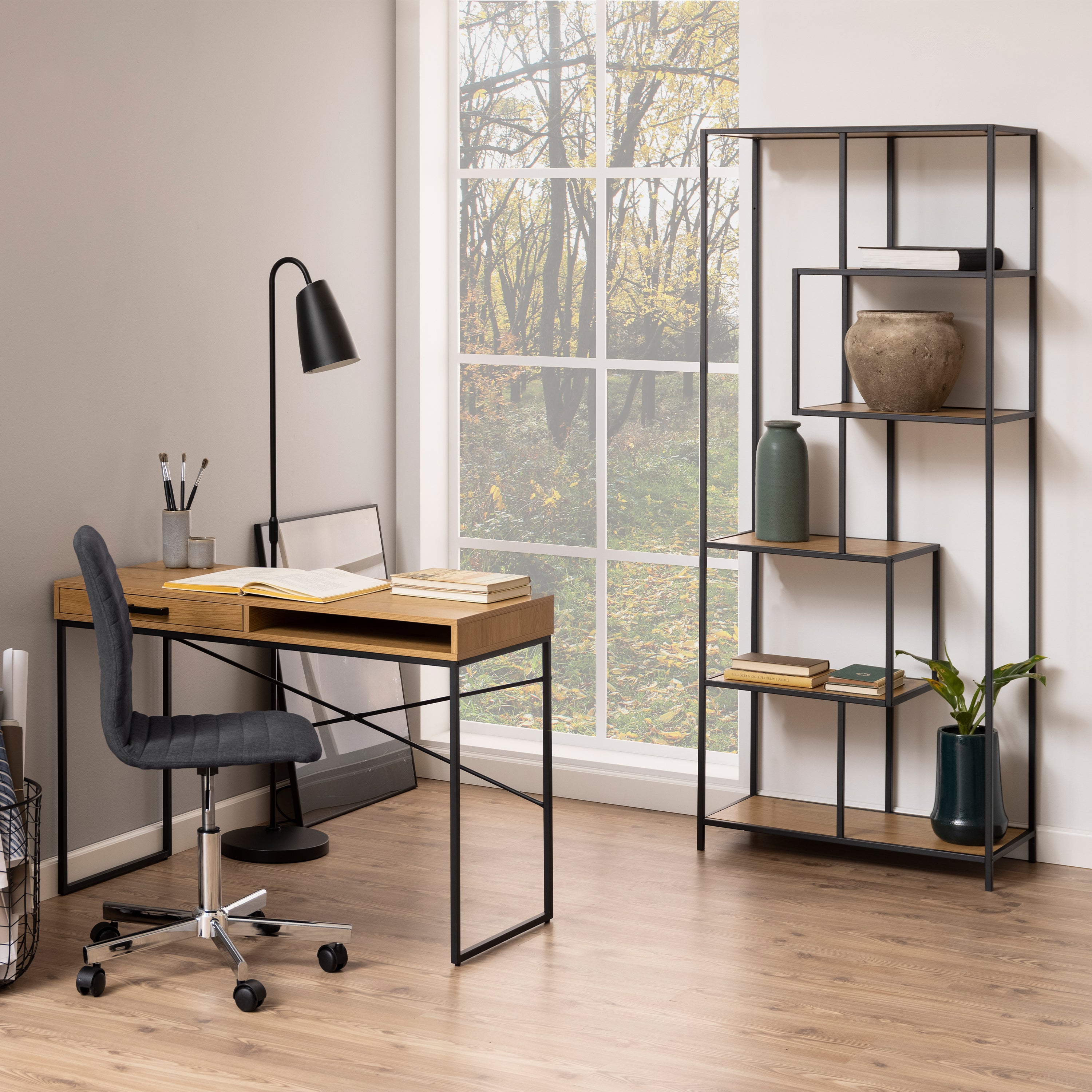 Seaford Wide Grey Steel Bookcase With 4 Grey Melamine Shelves