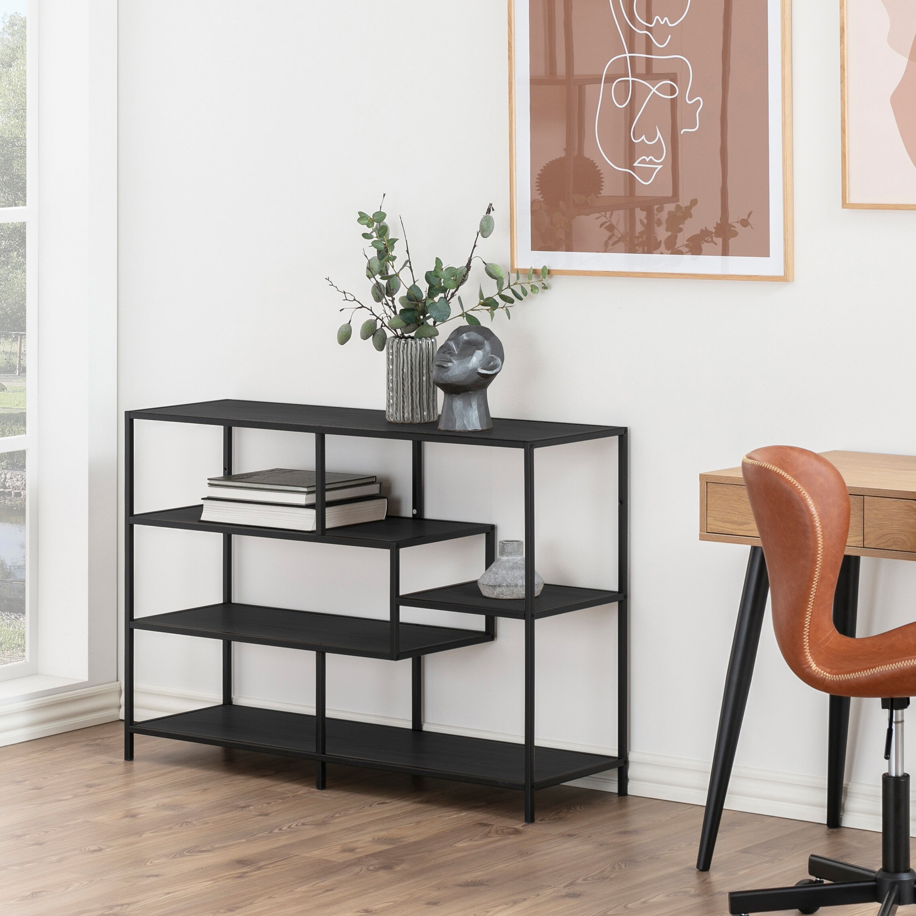 Seaford Wide Grey Steel Bookcase With 4 Grey Melamine Shelves