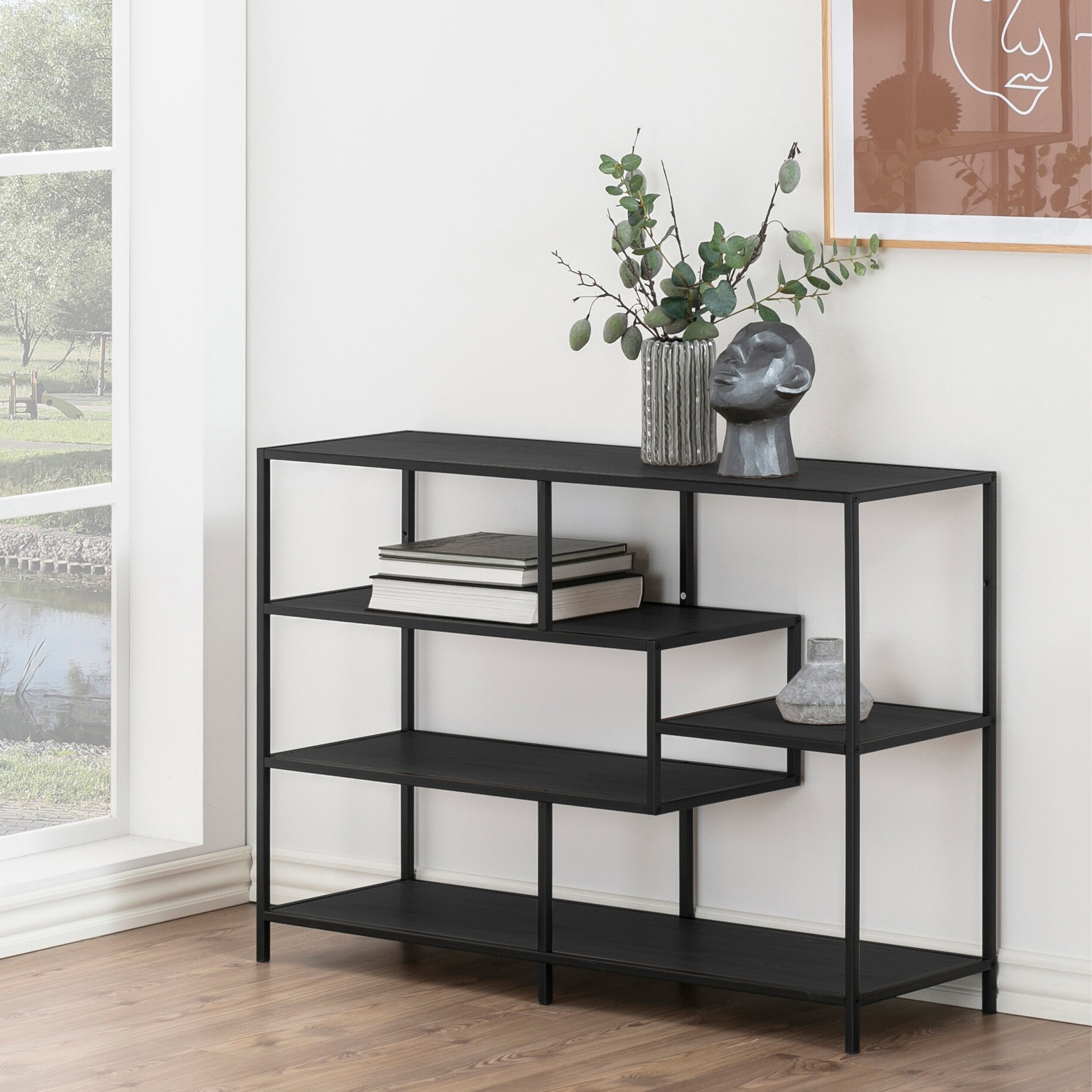 Seaford Wide Grey Steel Bookcase With 4 Grey Melamine Shelves