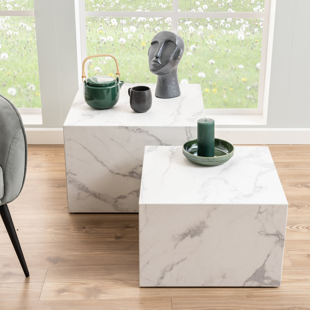 Dice Square Coffee Table Set in White Marble Carrara