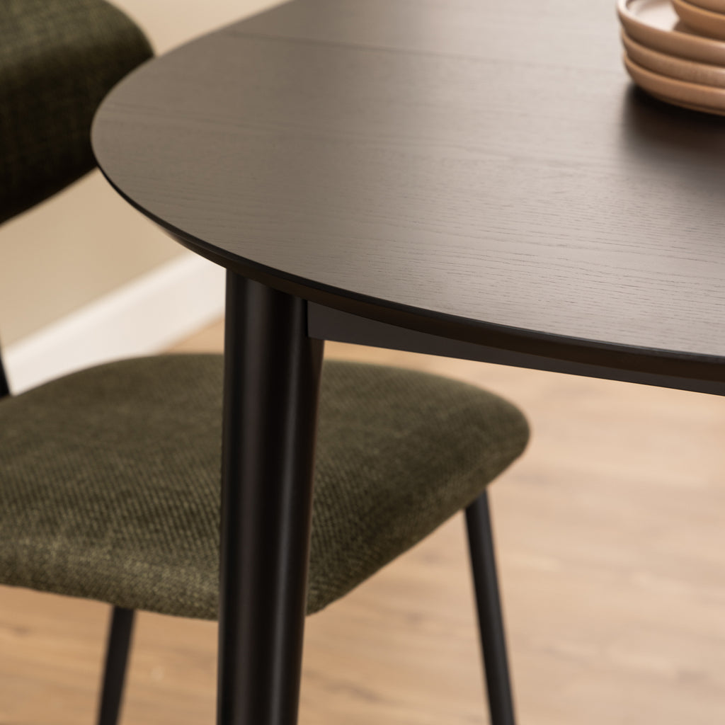 Montreux Round Extending Dining Table in Black 115-154cm includes 6 Cassandra Dining Chairs with Armrest in Black