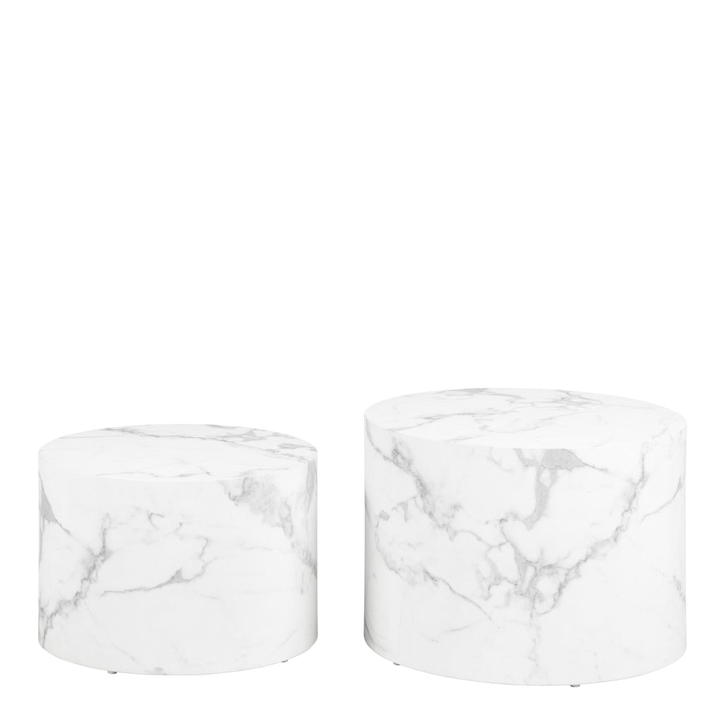 Dice Round Coffee Table Set of 2 in White Marble and Carrara Rough Paper