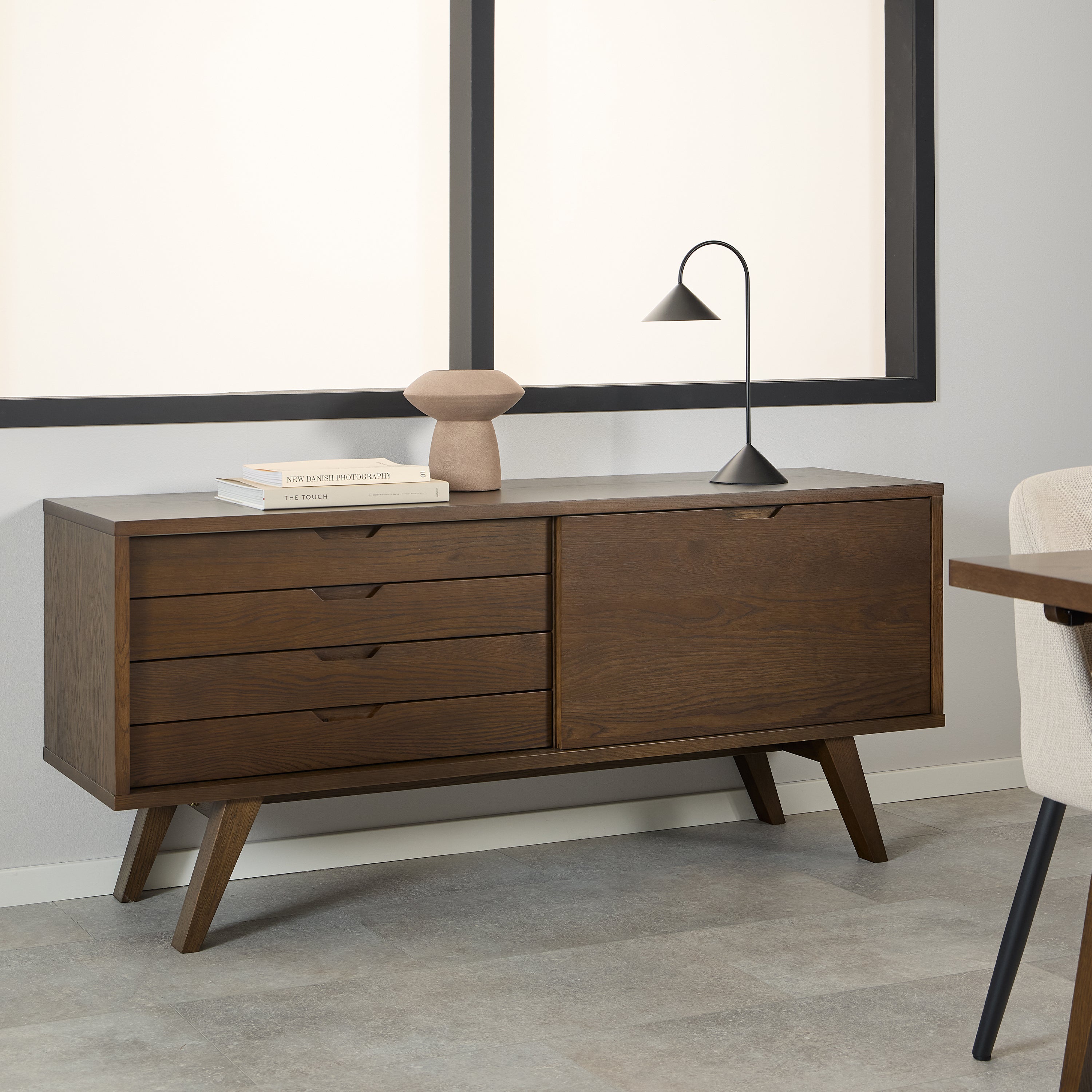 A-Line Sideboard with 4 Drawers and Sliding Door in Smoked Oak