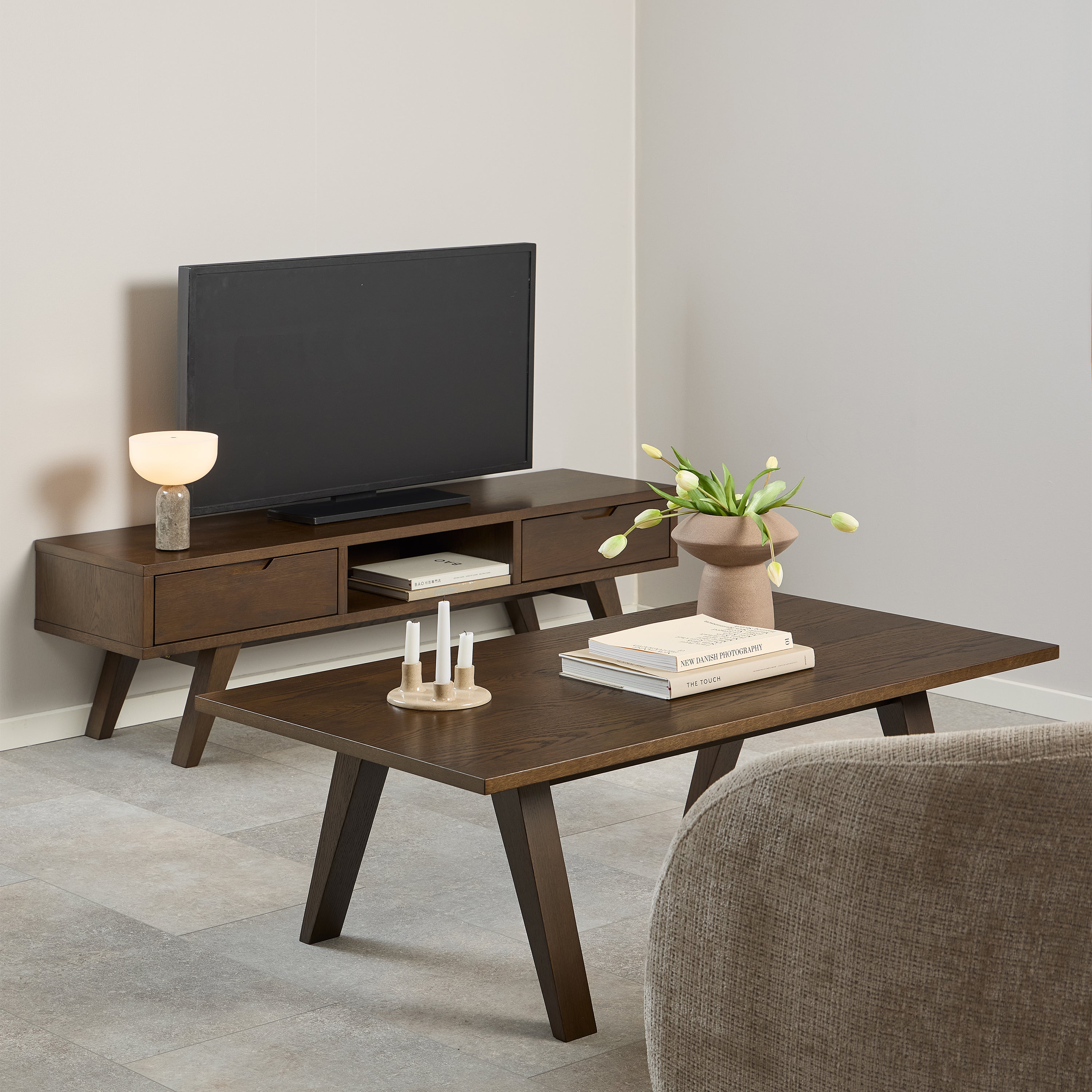 A-Line TV Unit with 2 Drawers in Smoked Oak