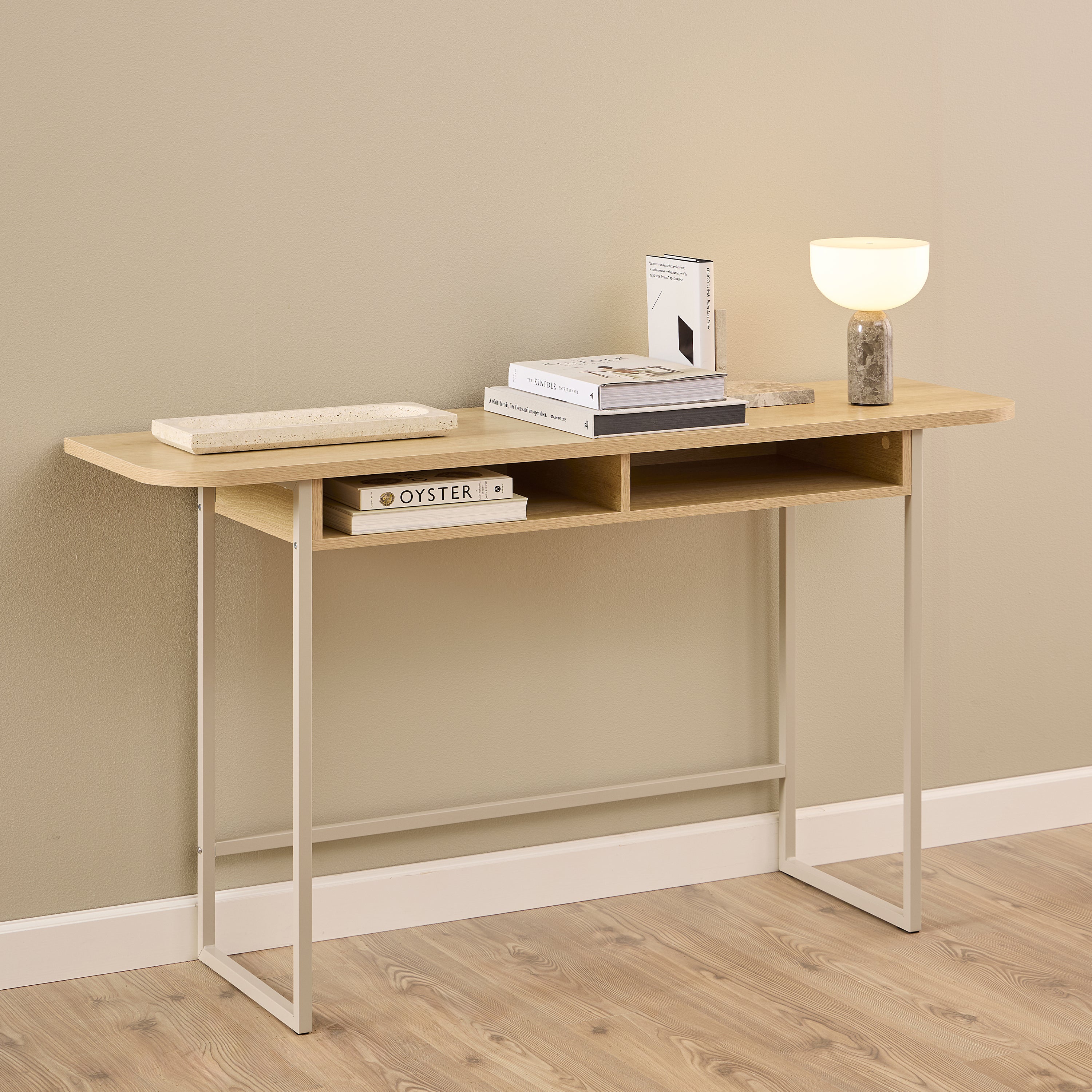 Darlington Console Table With 2 Open Shelves and Oak Top