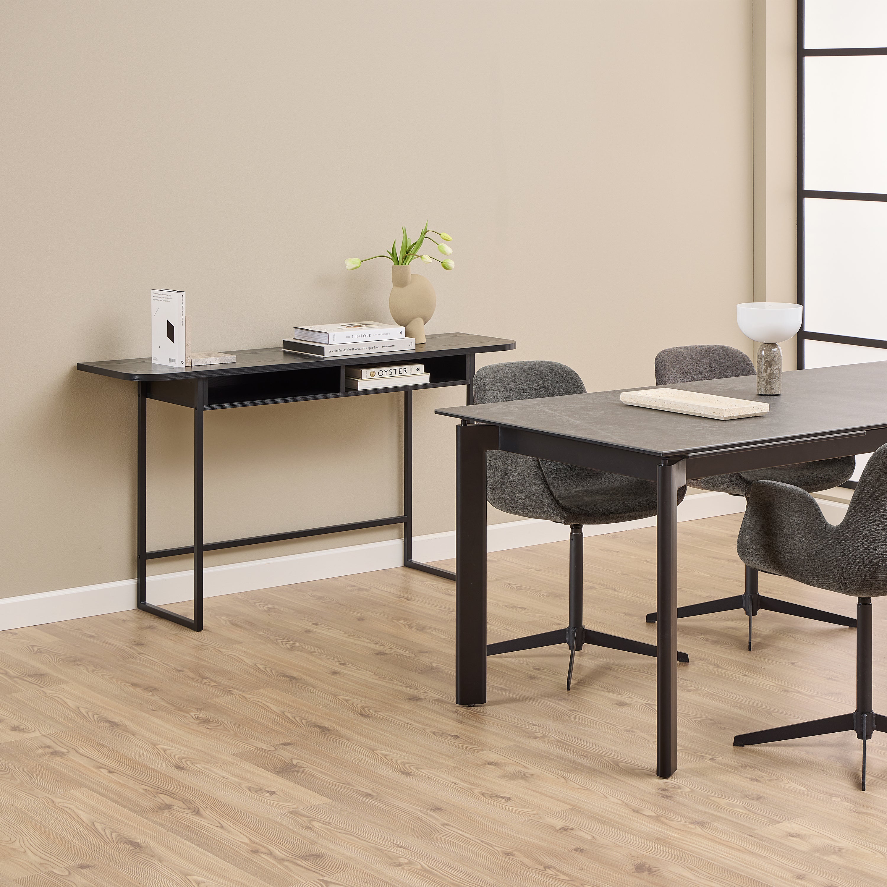 Darlington Console Table With Open Shelf and Oak Top in Black