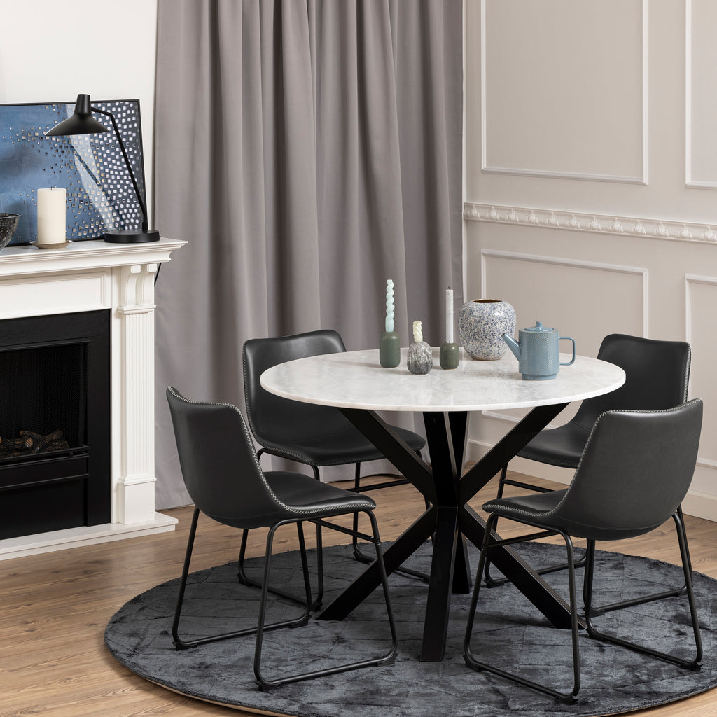 Heaven Round Dining Table with White Polished Marble Top 110cm includes 4 I_Oregon Dining Chairs In Black with Cream Stitching