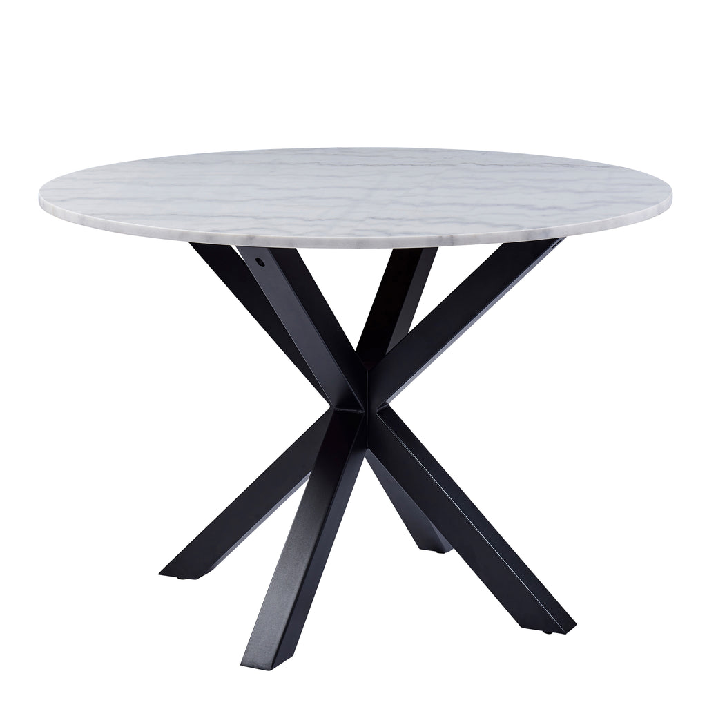 Heaven Round Dining Table with White Polished Marble Top 110cm includes 4 I_Oregon Dining Chairs In Black with Cream Stitching