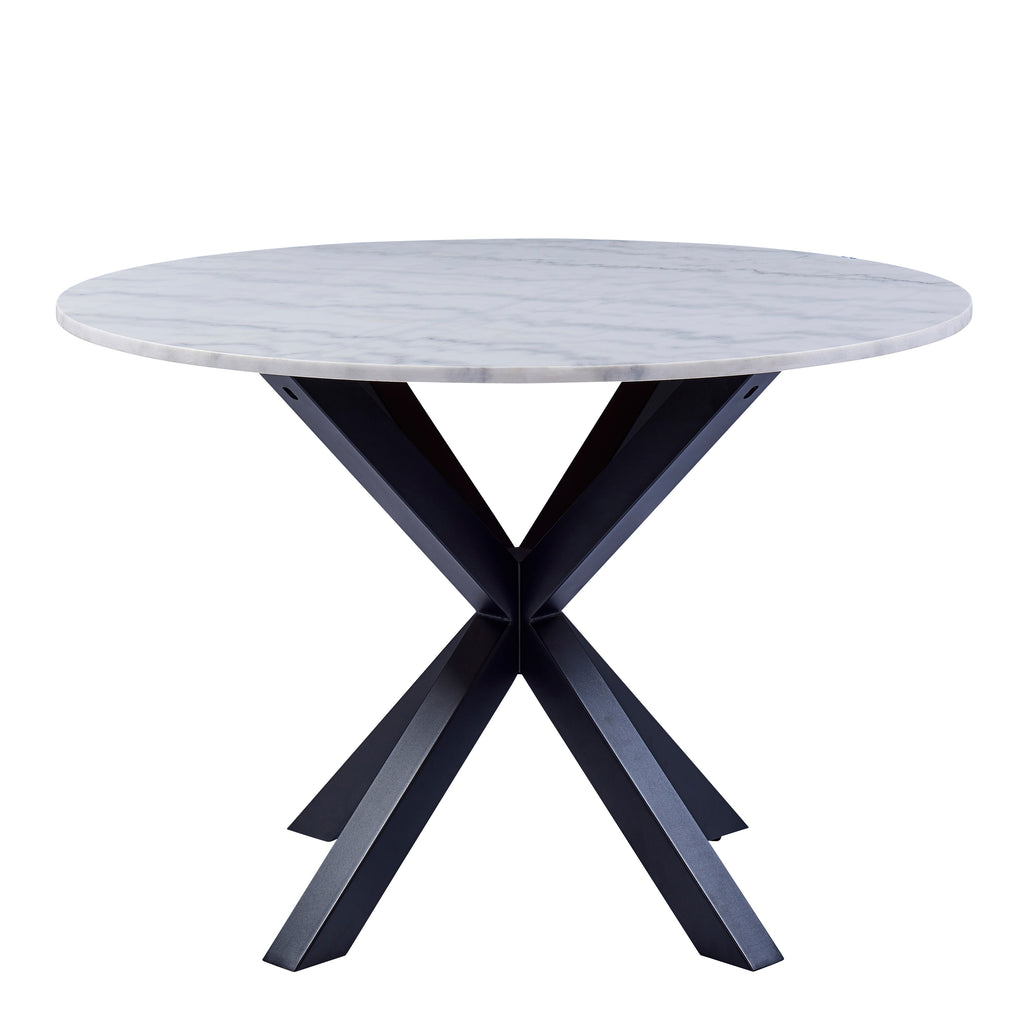 Heaven Round Dining Table with White Polished Marble Top 110cm includes 4 I_Oregon Dining Chairs In Black with Cream Stitching