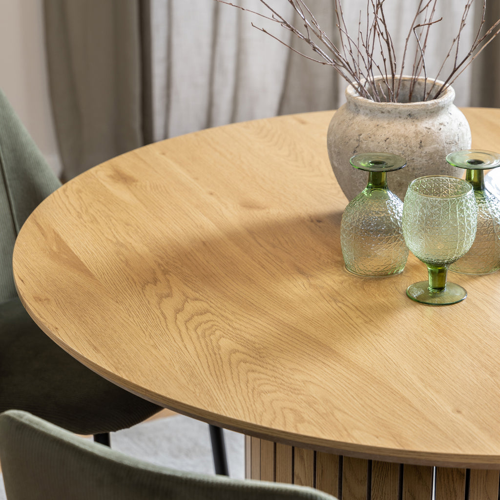 Yale Dining Table in Oak 120cm includes 4 Adele Dining Chairs in Light Brown Fabric
