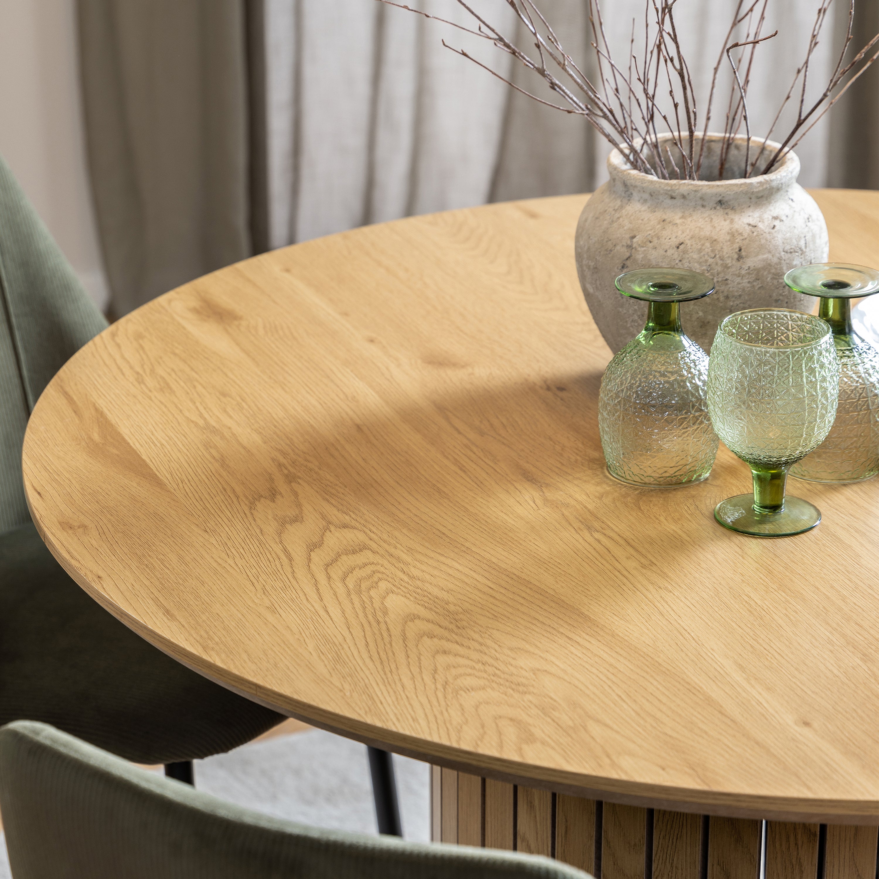 Yale Dining Table in Oak 120cm includes 4 Adele Dining Chairs in Light Brown Fabric
