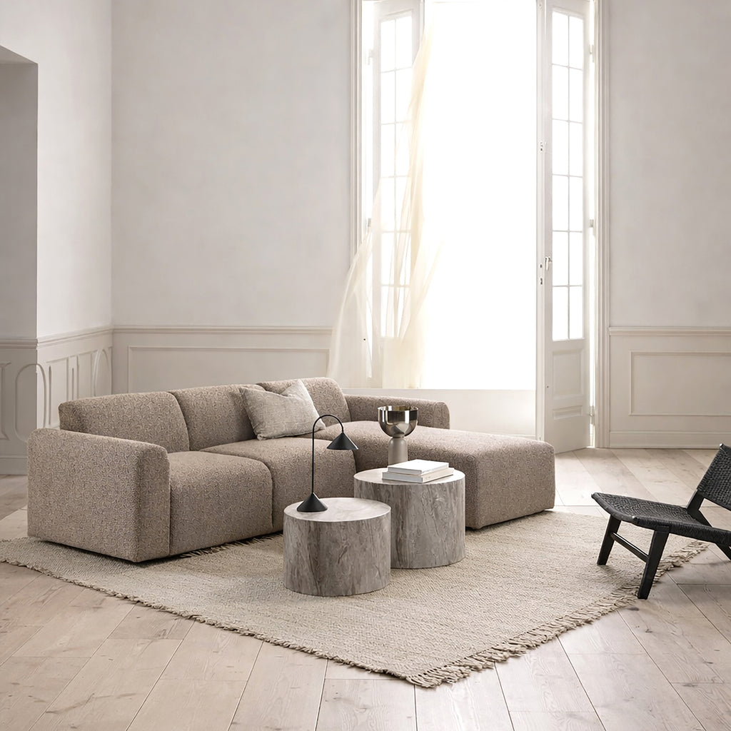 Midfield Left Hand Facing 2 Seater Chaise Longue in Boucle Beige Fabric