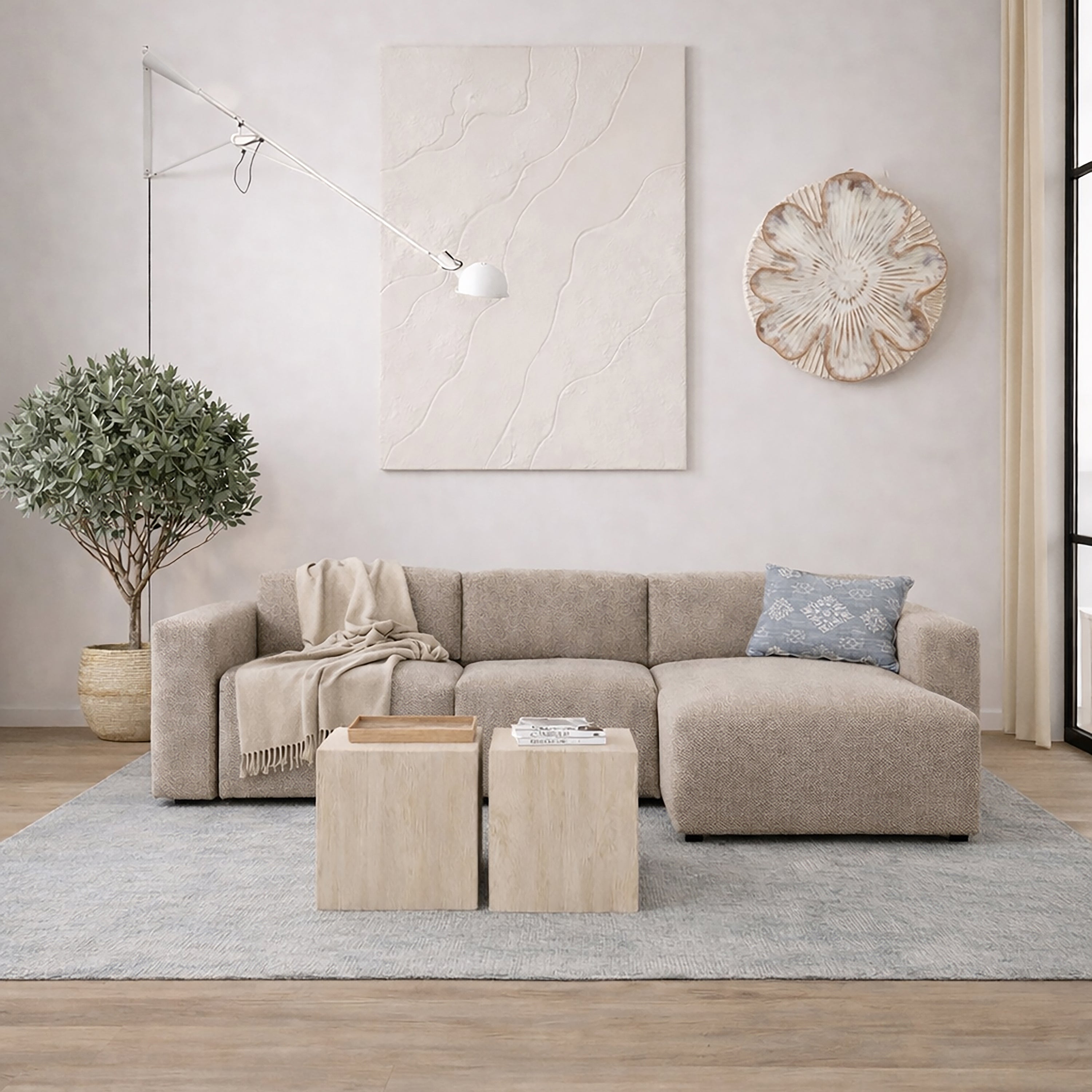 Midfield Right Hand Facing 2 Seater Chaise Longue in Boucle Beige Fabric
