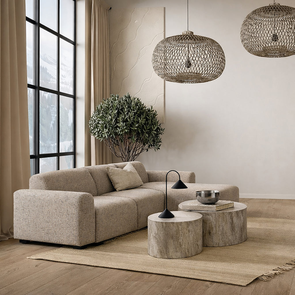 Midfield Right Hand Facing 2 Seater Chaise Longue in Boucle Beige Fabric