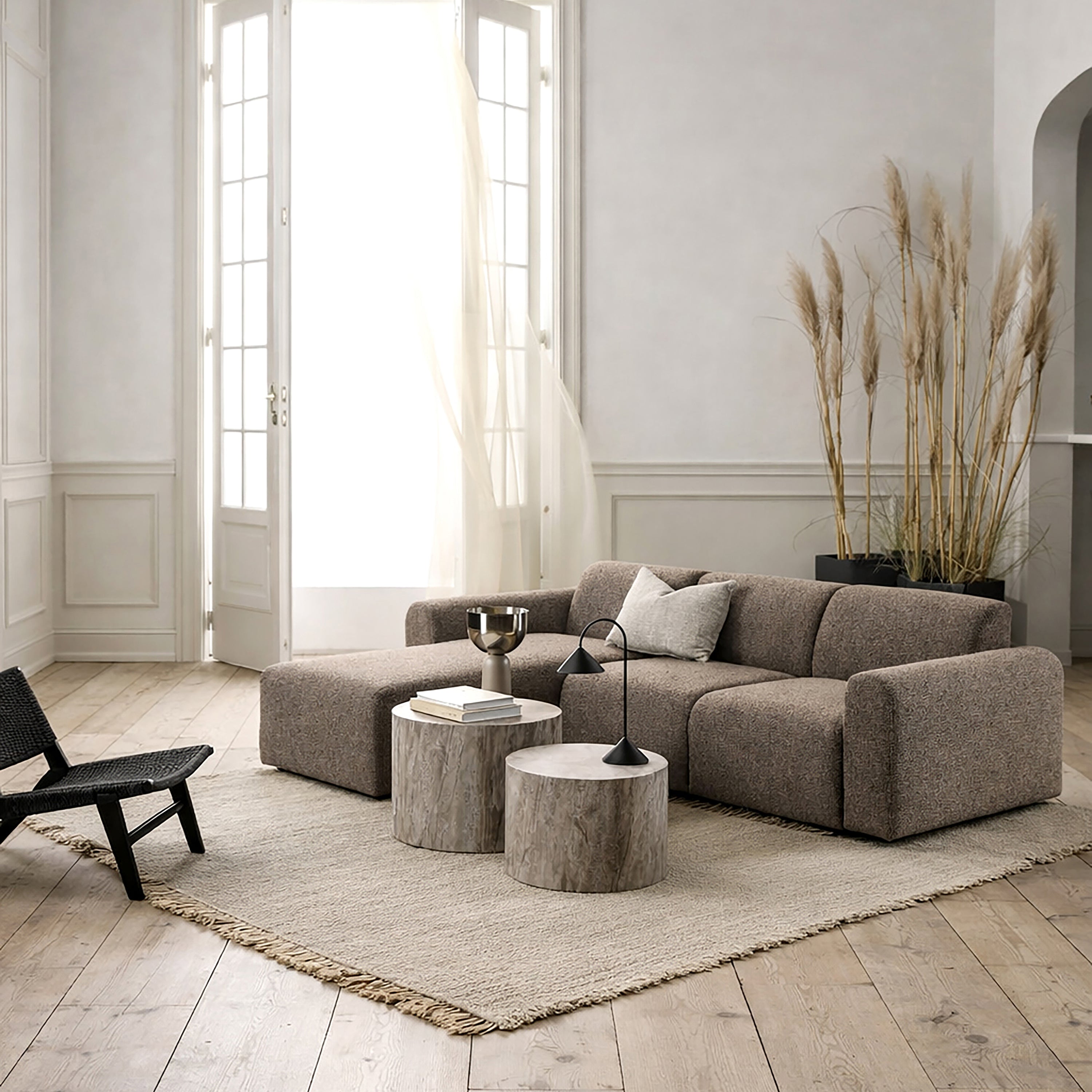 Midfield Left Hand Facing 2 Seater Chaise Longue in Boucle Taupe Fabric