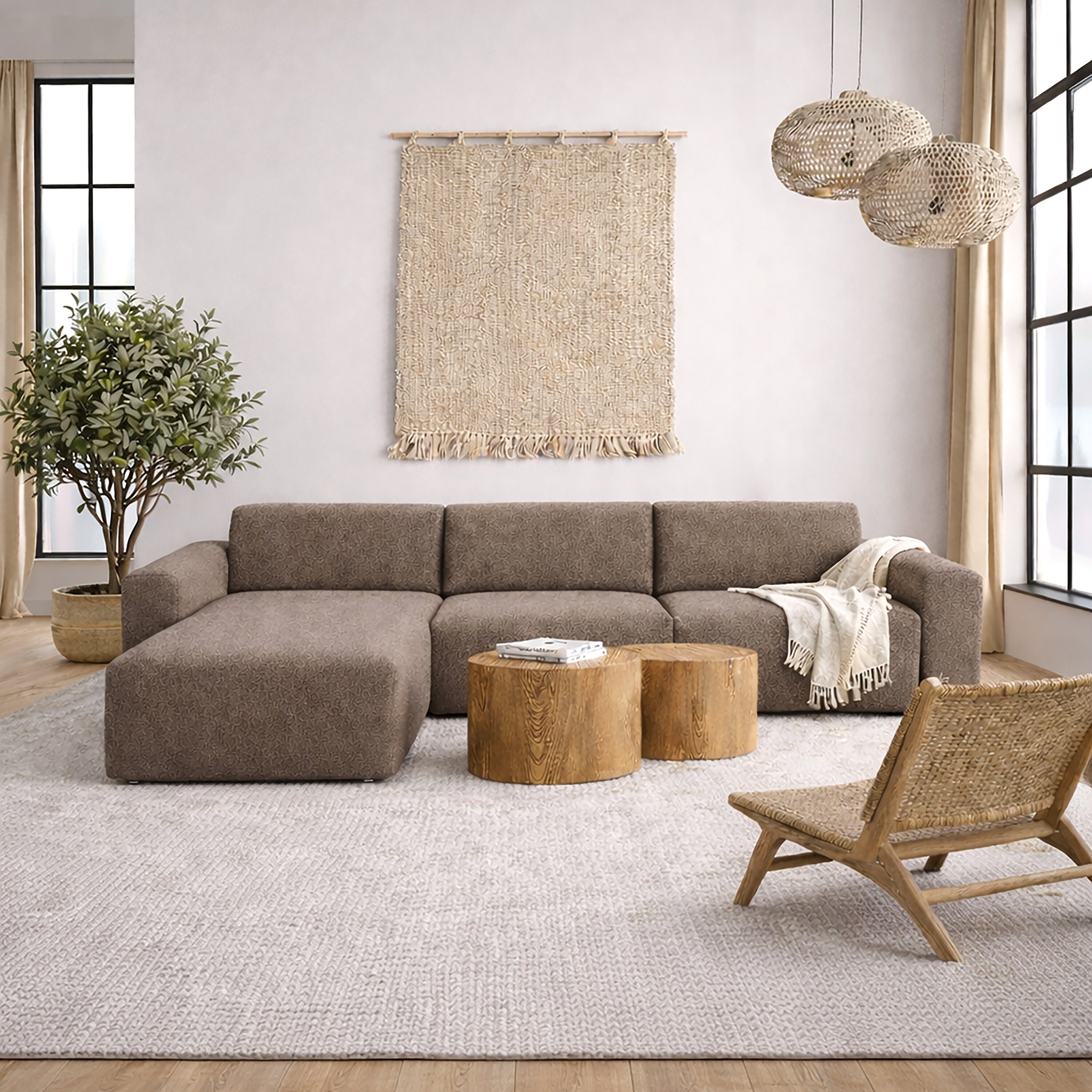 Midfield Left Hand Facing 2 Seater Chaise Longue in Boucle Taupe Fabric