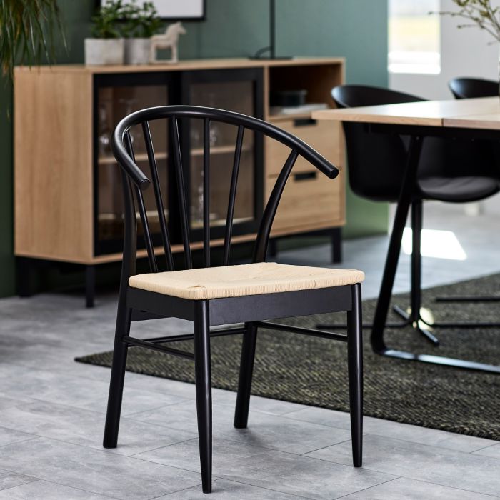 Montreux Round Extending Dining Table in Black 115-154cm includes 4 Cassandra Dining Chairs with Armrest in Black