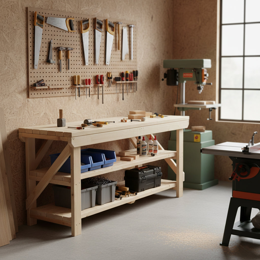 Acorn Wooden Workbench With Double Shelf