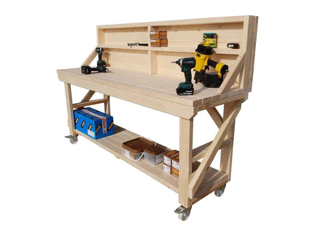 Acorn Wooden Workbench With Back Panel and Wheels