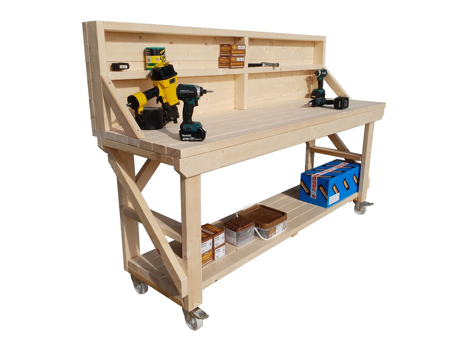 Acorn Wooden Workbench With Back Panel and Wheels
