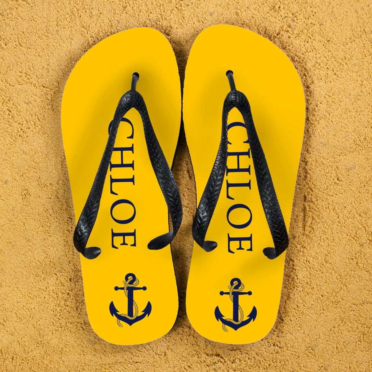 Personalised Anchor Flip Flops in Yellow and Blue