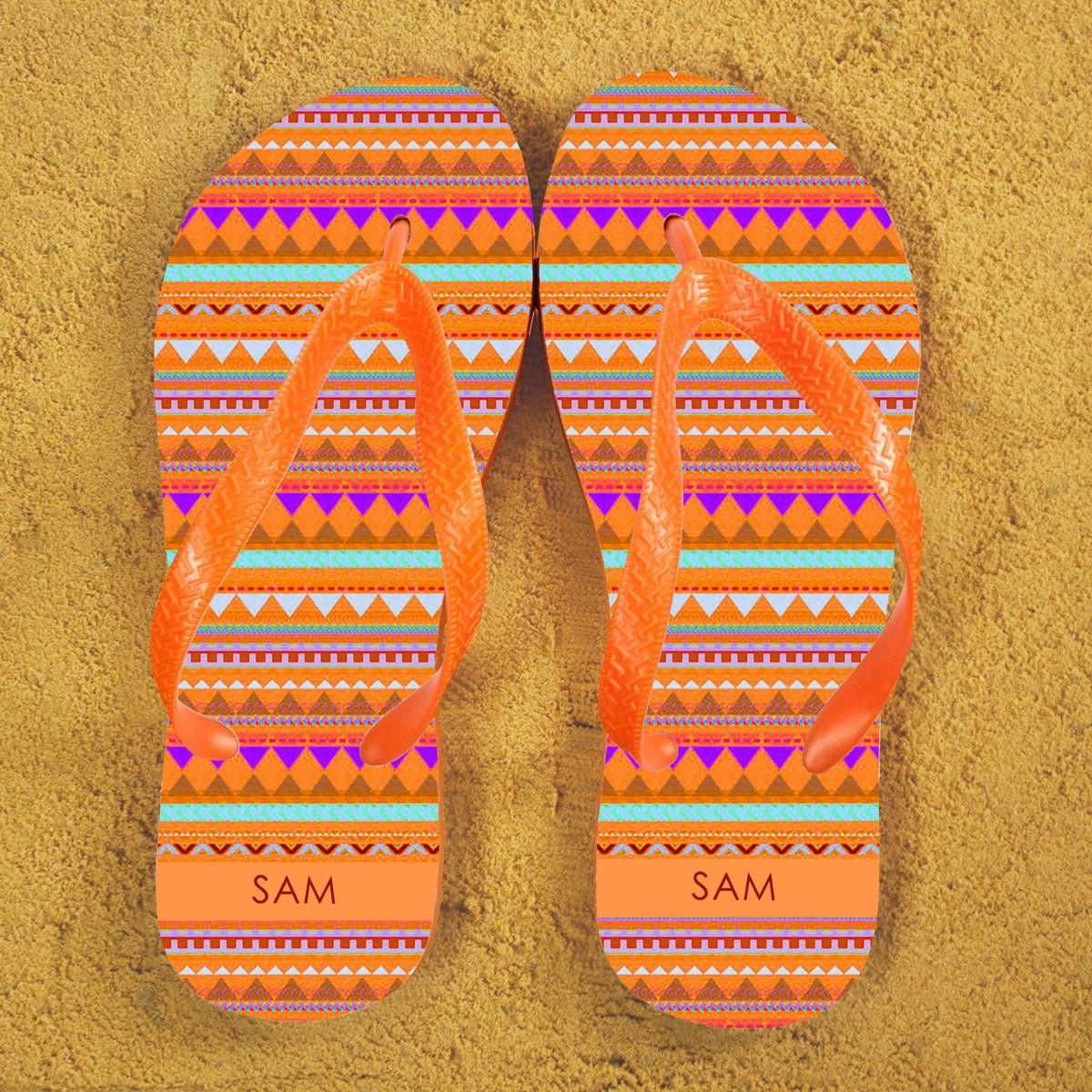 Personalised Orange Aztec Flip Flops