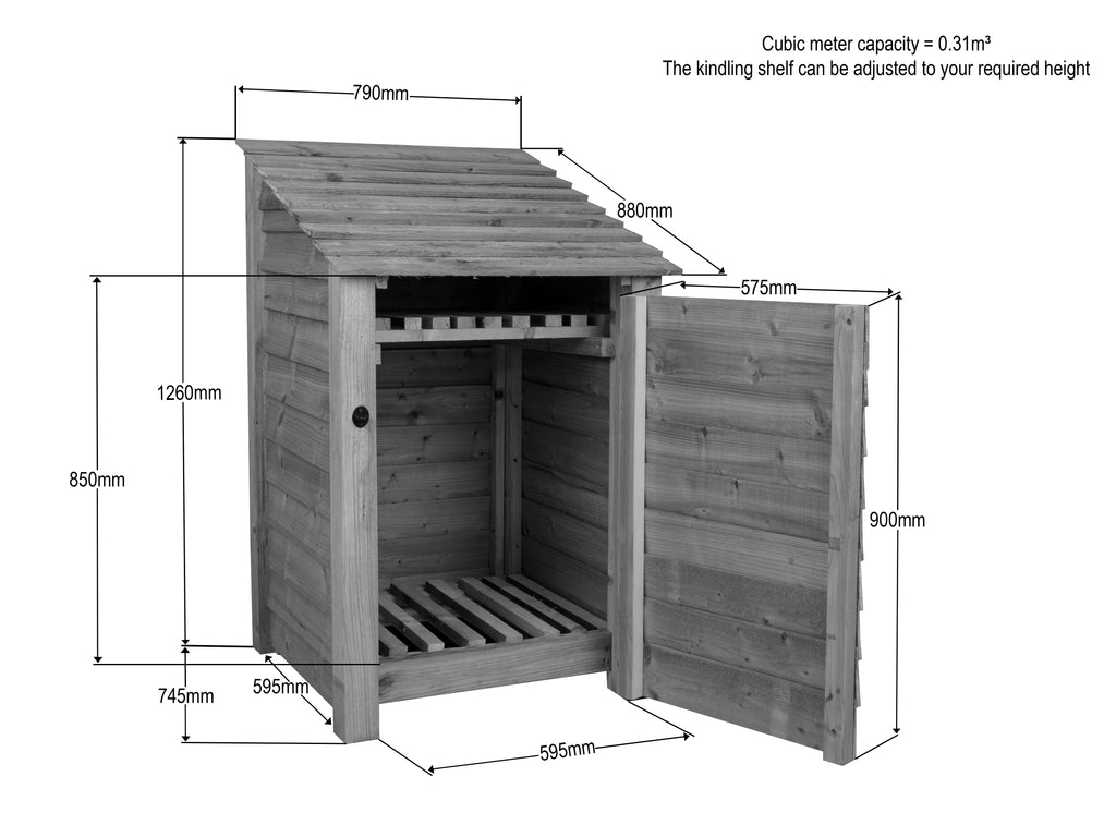 Wooden Log Store with Door and Shelf W-79cm, H-126cm or 180cm, D-88cm - Brown Finish