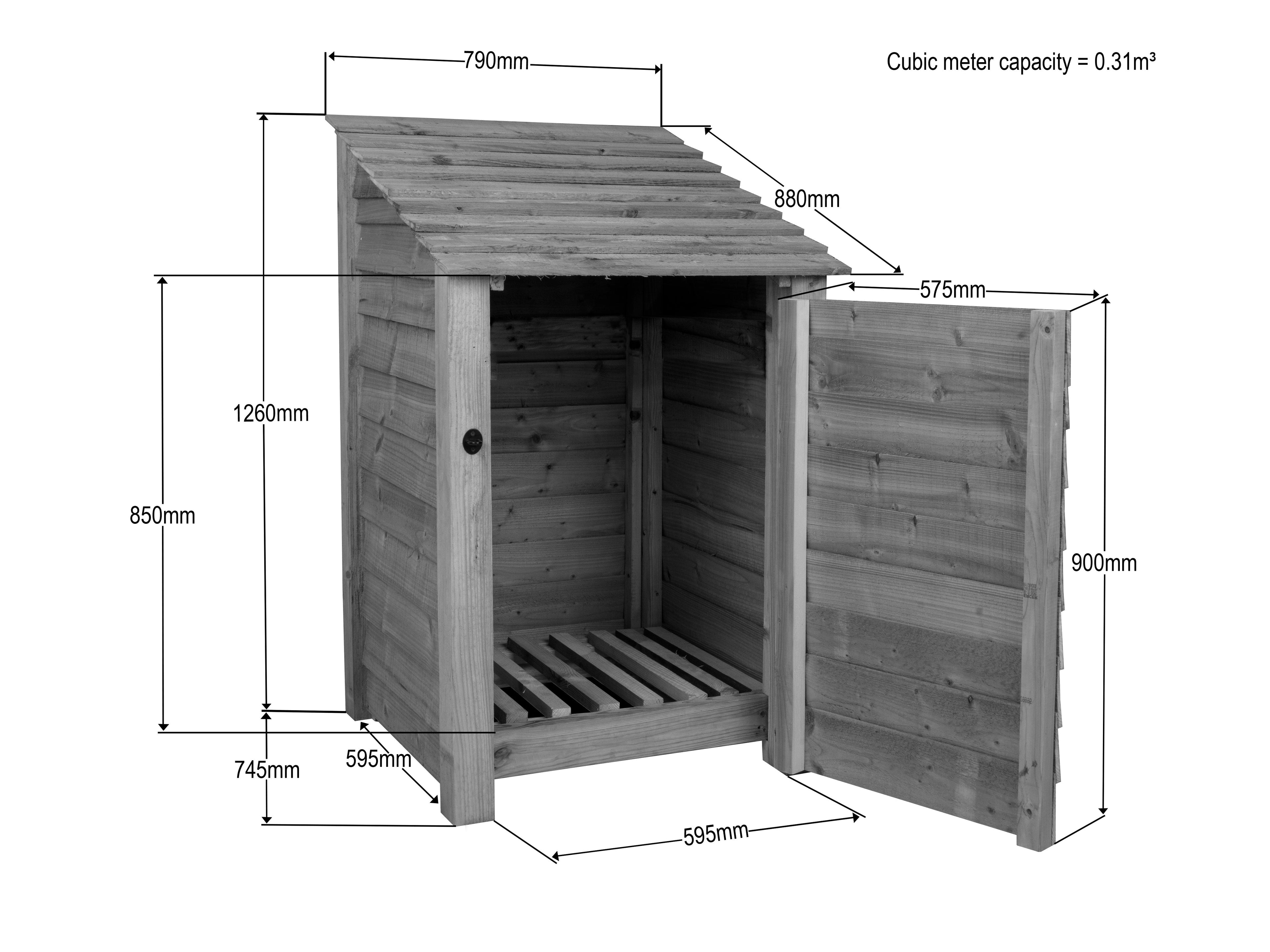 Slatted Wooden Log Store With Door W-79cm, H-126cm or 180cm, D-88cm - Brown Finish