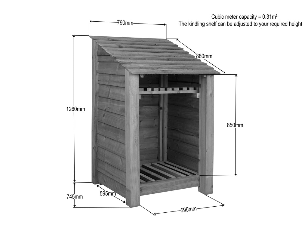 Wooden Log Store with Shelf W-79cm, H-126cm or 180cm, D-88cm - Brown Finish