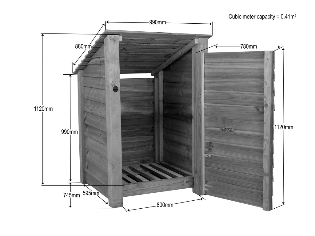 Slatted Wooden Log Store with Door W-99cm, H-126cm or 180cm, D-88cm - Brown Finish