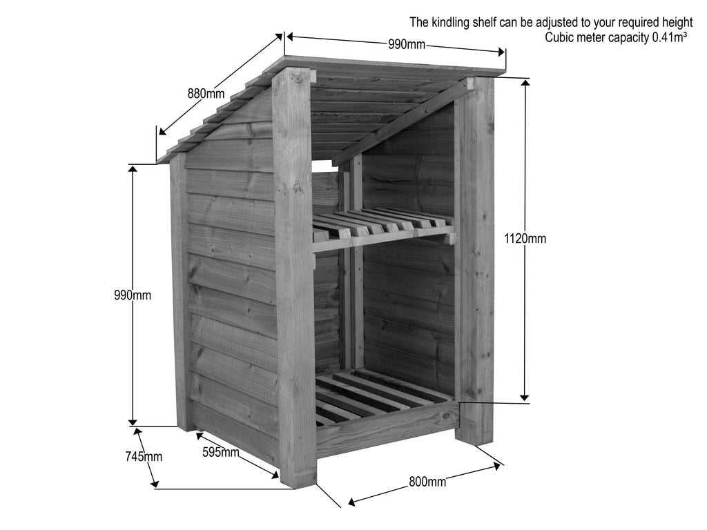 Wooden Log Store with Shelf (Roof Sloping Back) W-99cm, H-126cm Or 180cm, D-88cm - Brown Finish