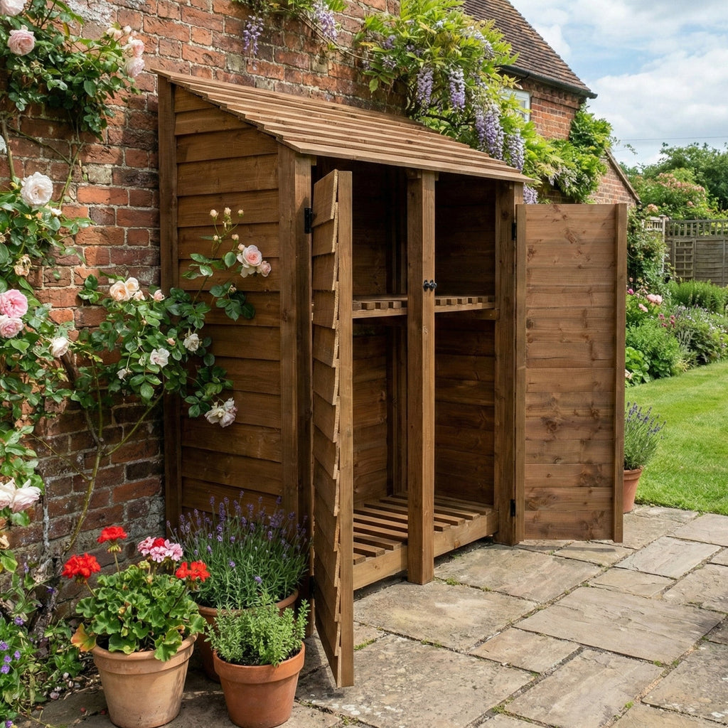 Wooden Log Store with Door and Shelf W-146cm, H-126cm or 180cm, D-88cm - Brown Finish