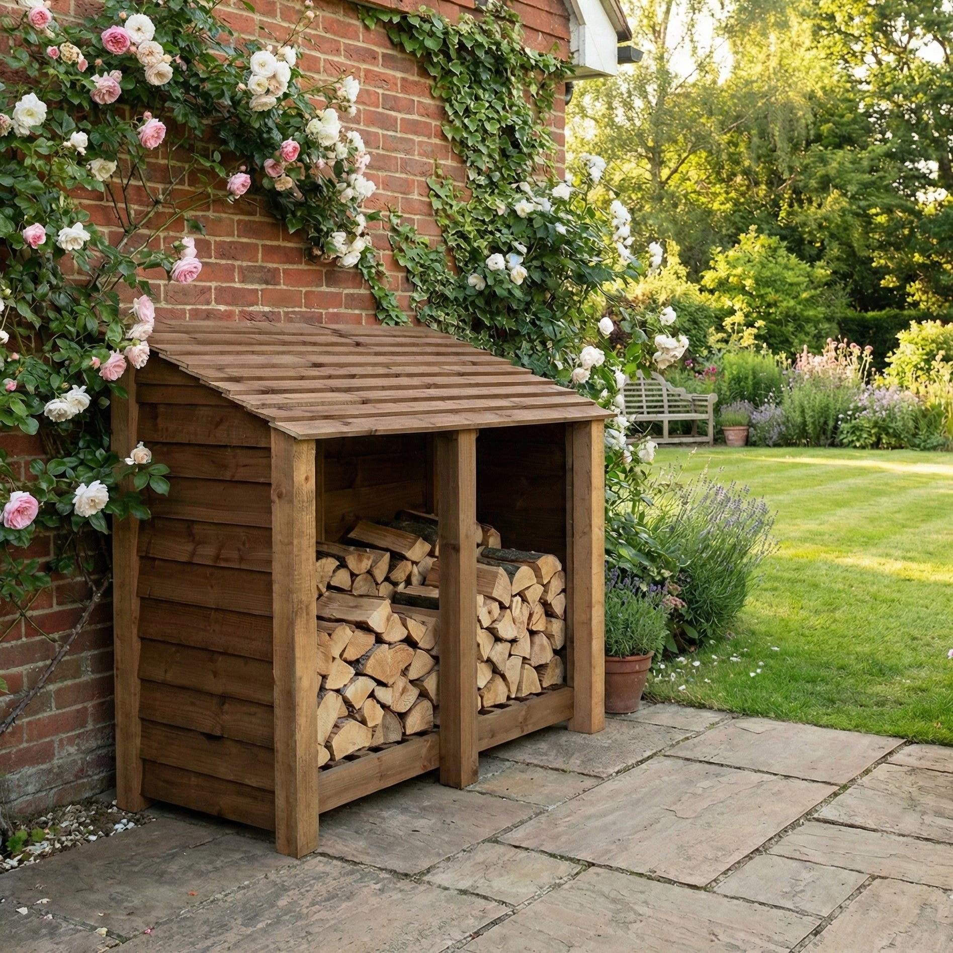Wooden Log Store W-146cm, H-126cm or 180cm, D-88cm - Brown Finish