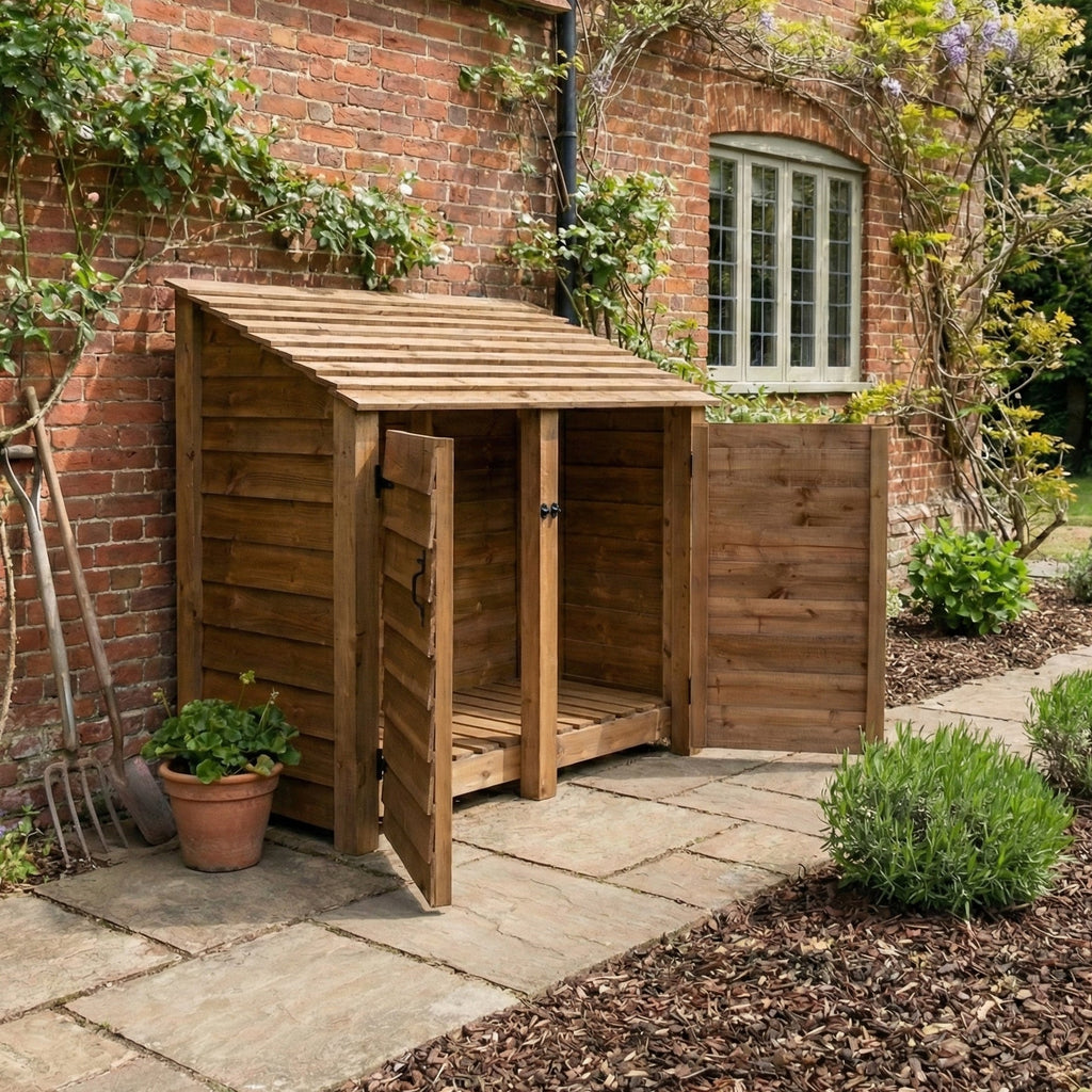 Wooden Log Store with Door W-146cm, H-126cm or 180cm, D-88cm - Brown Finish