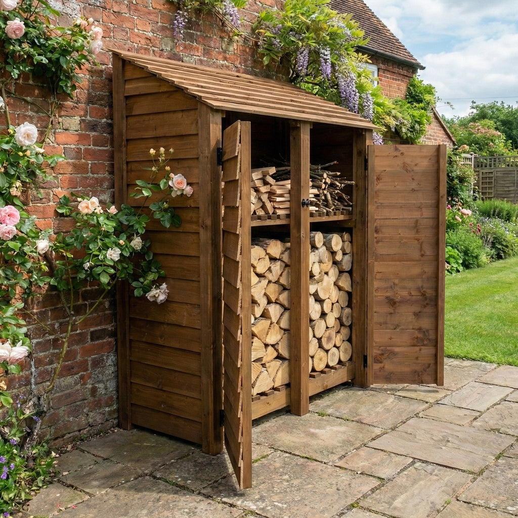 Wooden Log Store with Door and Shelf W-146cm, H-126cm or 180cm, D-88cm - Brown Finish
