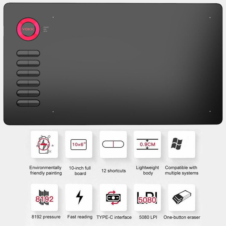 VEIKK A15 10x6 inch 5080 LPI Smart Touch Electronic Graphic Tablet, with Type-C Interface, A15 Gold, A15 Blue, A15 Red