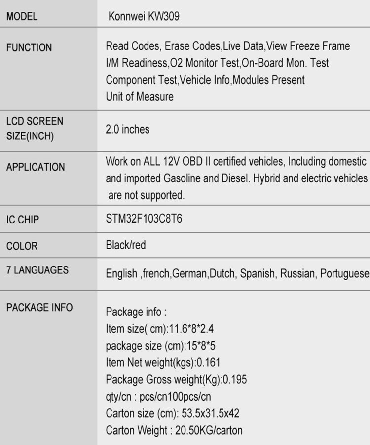 KONNWEI KW309 V309 V310 MS309 Code Reader OBD2 Scanner Diagnostic Tool, KW309