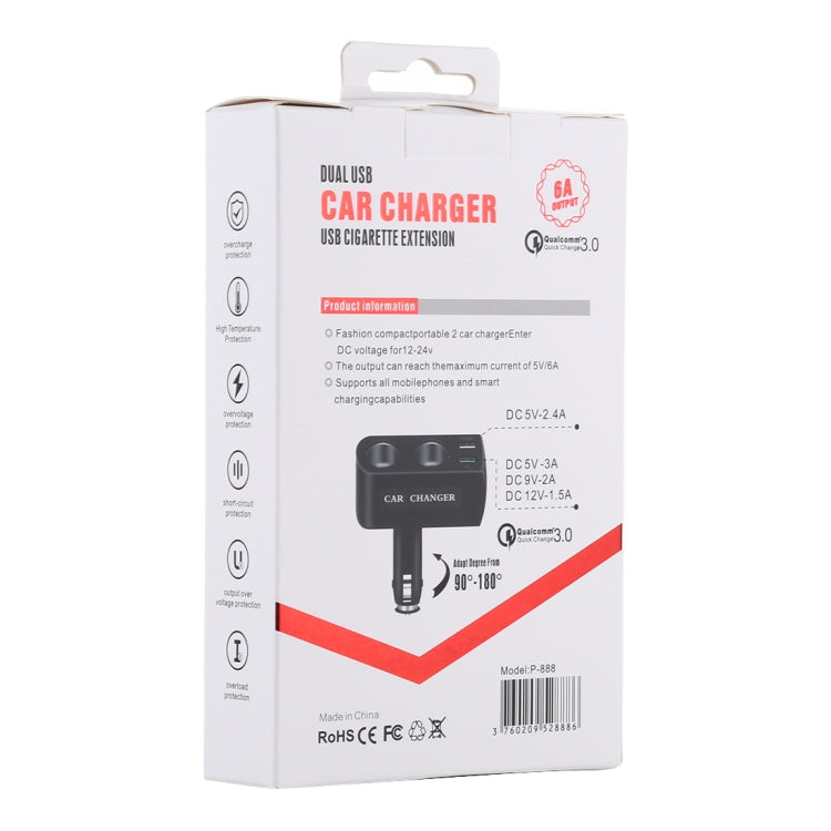 QC 3.0 Dual USB Ports 6A with 2 Socket Cigarette Lighter Splitter Car Charger