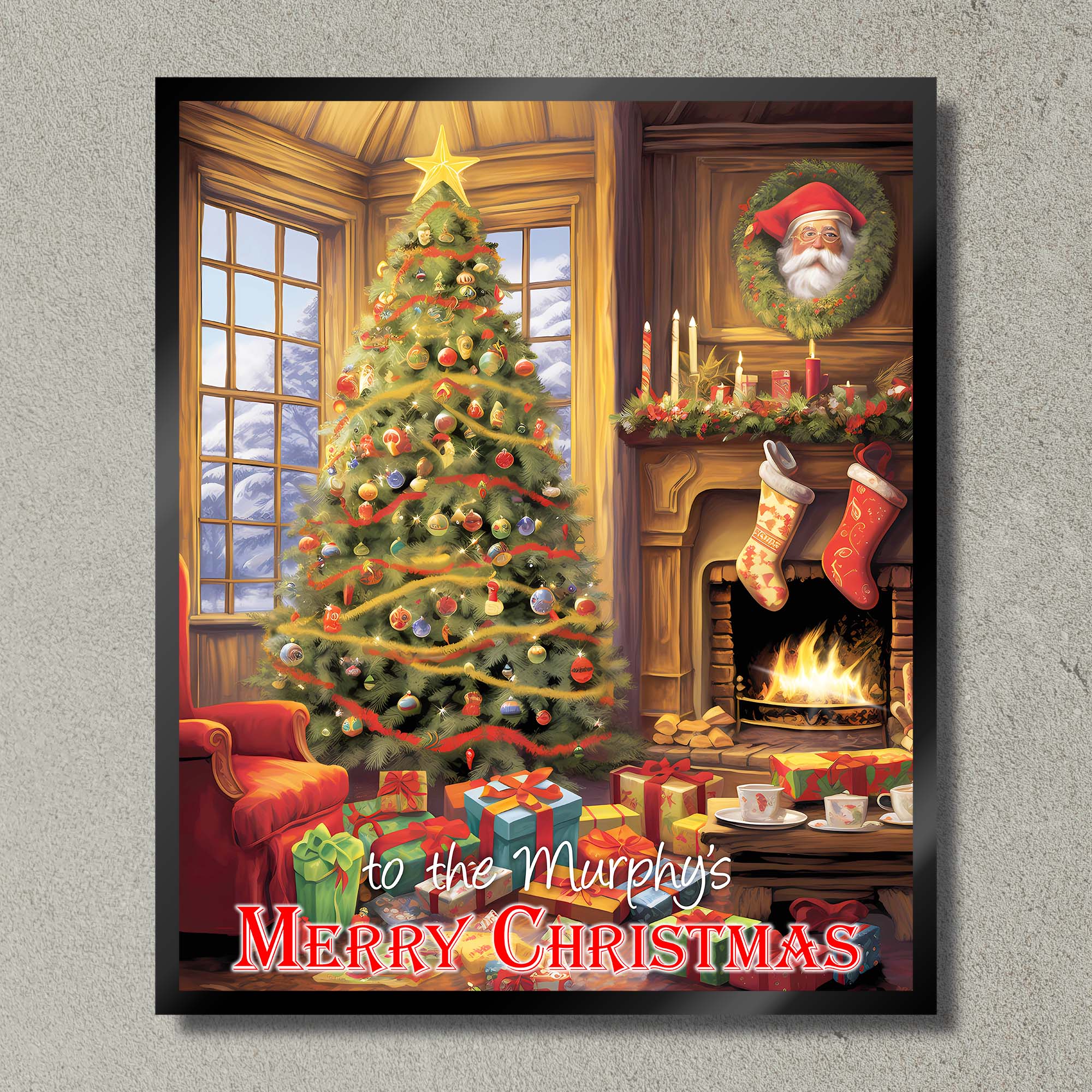 Illuminated Artwork Christmas Illustration "Christmas Tree and Fire" with Personalisation