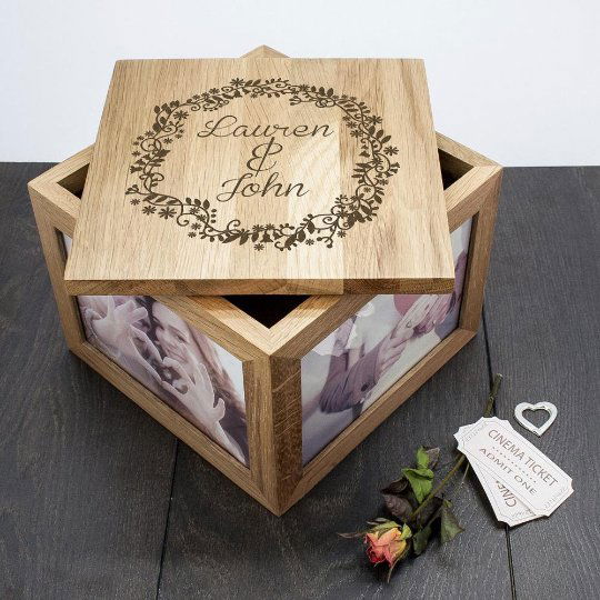 Couples' Oak Photo Keepsake Box With Floral Frame