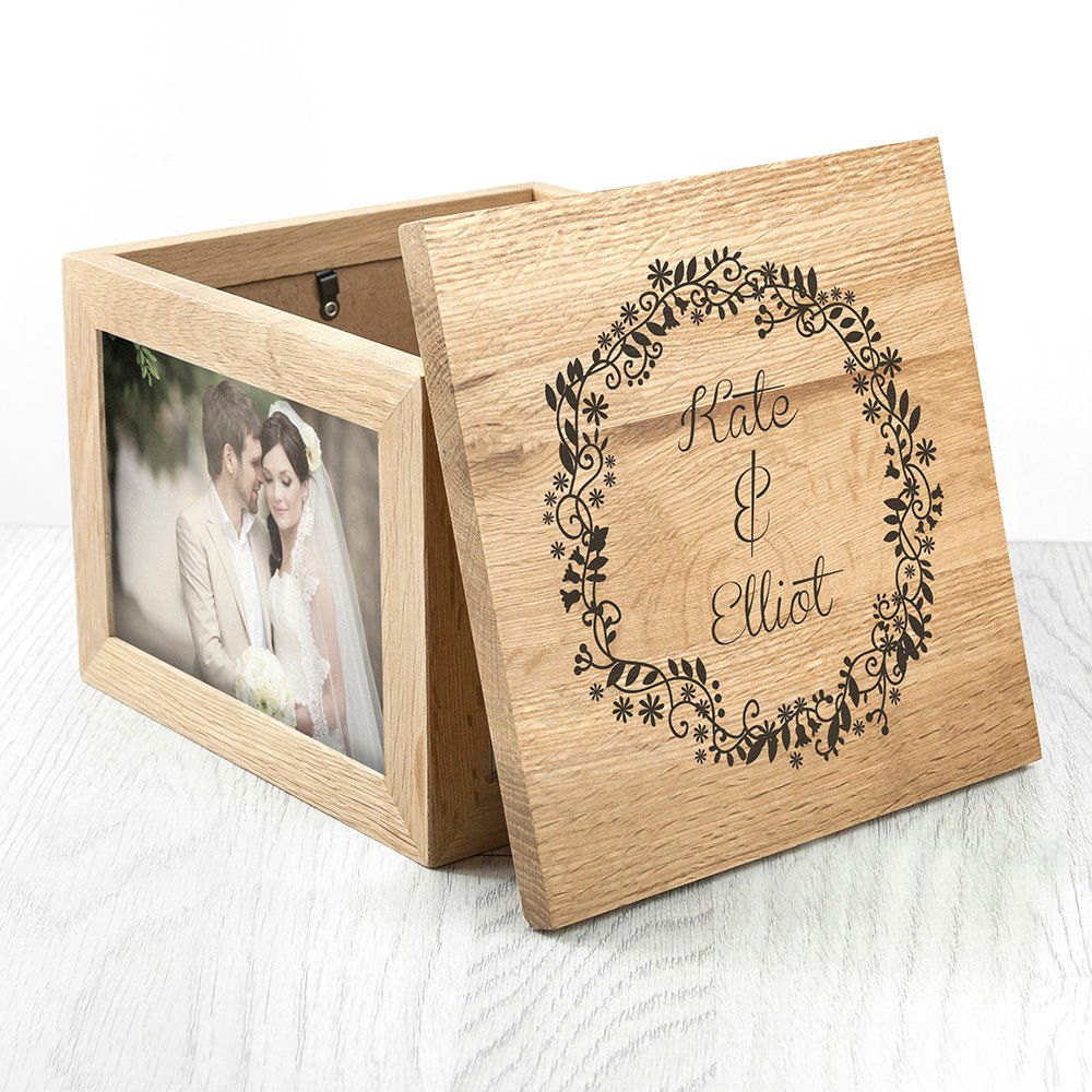 Couples' Oak Photo Keepsake Box With Floral Frame