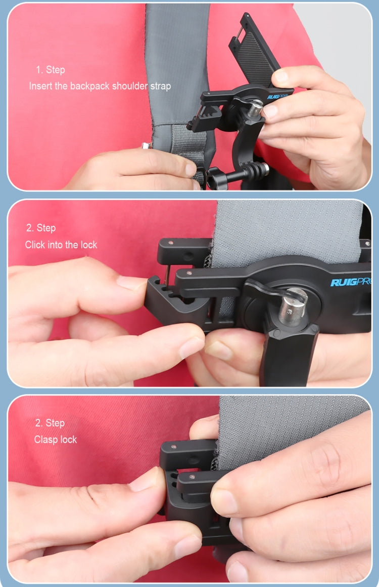 RUIGPRO 360° Rotating Quick Release Shoulder Backpack Mount for GoPro Hero12/11/10/9/8/7/6/5, Insta360 Ace, DJI Osmo Action 4 (Black)