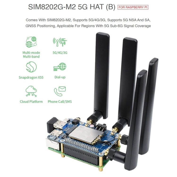 Waveshare SIM8202G-M2 5G HAT B Multi Band Snapdragon X55 Module Board for Raspberry Pi, SIM8202G-M2 5G HAT B