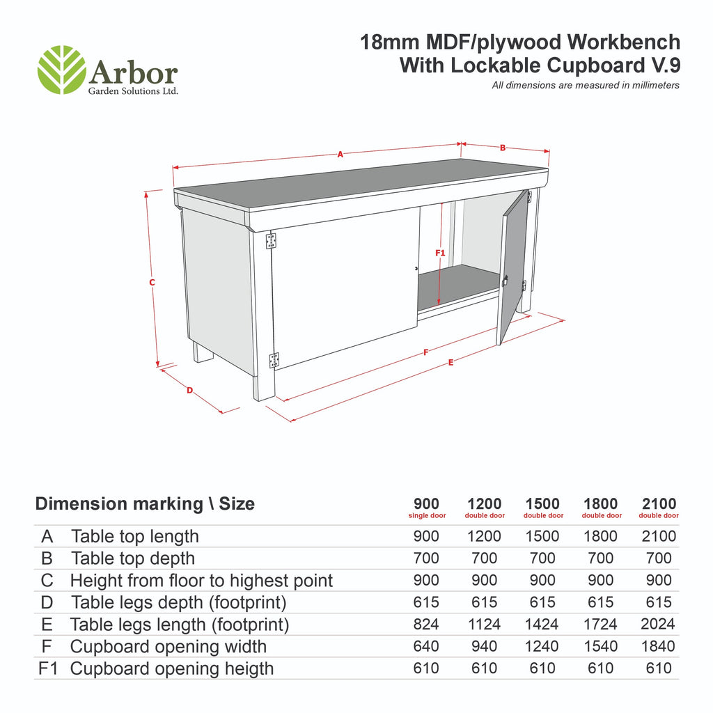 Wooden Eucalyptus hardwood top workbench with lockable cupboard (V.9)